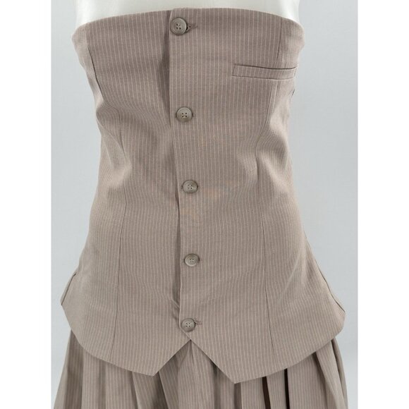 ZARA Dress Strapless Tan White Pinstripe Vest Look Pleated Skirt Small - Picture 2 of 9